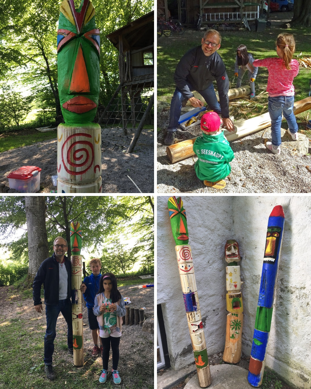 Bunte Baumstammfiguren im Kinderheim